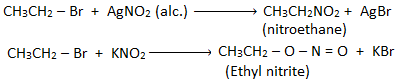Haloalkane gives alkyl nitrite with KNO2 while nitroalkane with AgNO2, why?