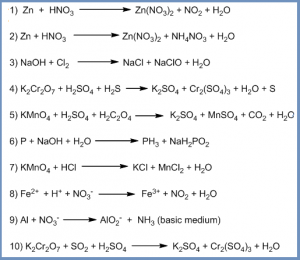 Balance the following equations by the oxidation number method or ion-electron method.