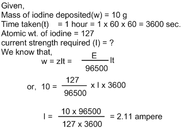 What current strength in amperes will be required to liberate 10g iodine from potassium iodide solution in one hour? (at.wt. of iodine = 127).